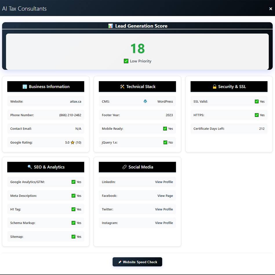 Web Lead Tool detailed website audit modal with SEO analysis