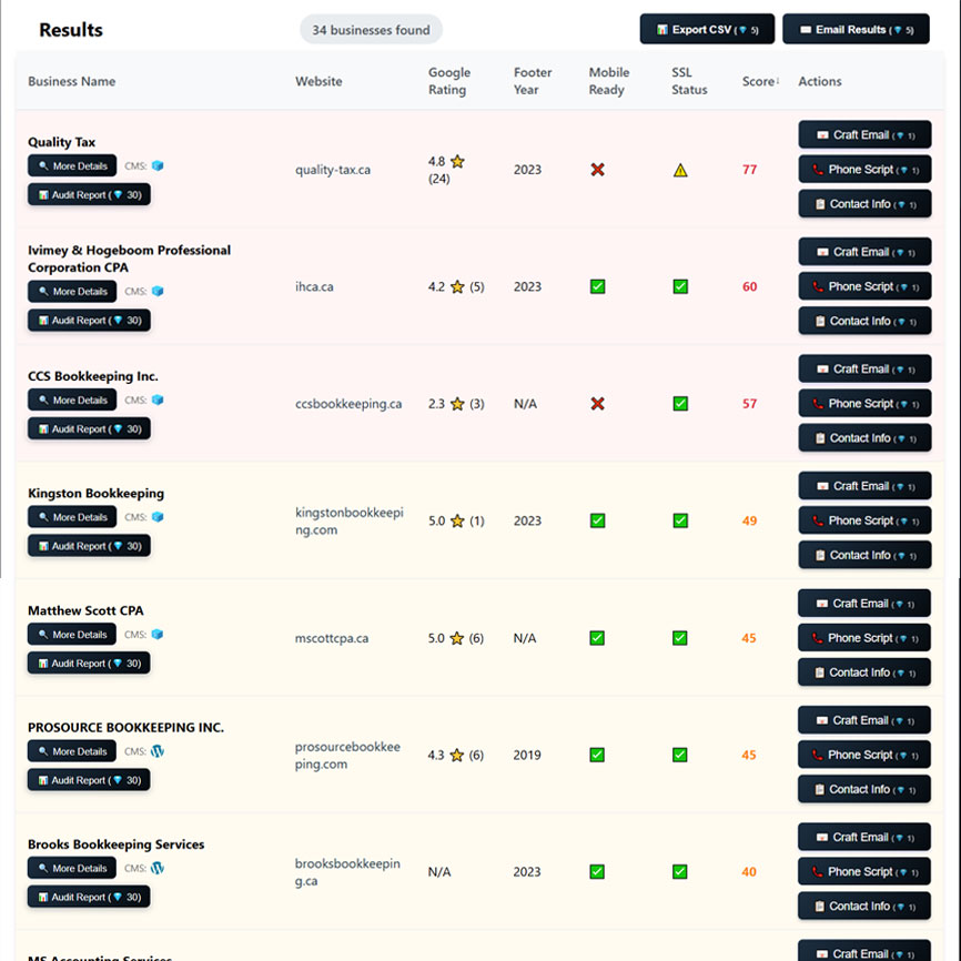 Web Lead Tool results table showing business data and lead scoring
